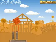 Screenshot of Woodwork Builder game showing wooden planks stapled together to form a complex bridge structure aimed at moving a red block into the red target area.