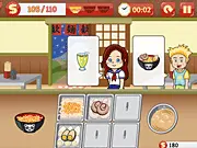 Ramen Delight free online game screenshot. A ramen chef serving a bowl of ramen with various toppings to a waiting customer.