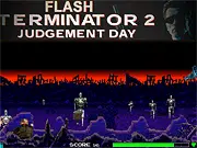 The title screen of the retro-style Flash Terminator 2 Judgement Day online shooter game with an image of the T-800.