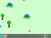 Slimilization free online strategy game screenshot showing a small village with several buildings and small 'slimi' characters