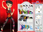 Gameplay screenshot of Music Girl Dress Up, showing the girl avatar on a stage backdrop with various fashion items and accessories surrounding her, waiting to be chosen.