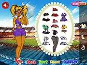 Cheerleader Dress Up Online game screenshot, showing a cute girl named Tiffany in a cheerleader uniform and pom-poms.