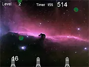Gameplay screenshot of Asteroid Belt showing a collection of small spaceship icons under attack by multiple gray asteroid shapes, with the player's deflector actively pushing them away.