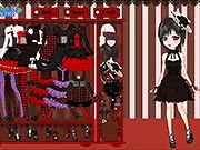 Gothic Lolita Dress Up game screenshot, female character wearing black dress and ruffles, play free online fashion game