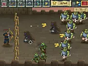 Screenshot of the Goblins at the Gates game, likely showing a lone, heavily armored character fighting a horde of small, dark fantasy creatures (goblins) in a dark outpost setting.