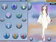 Gameplay screenshot of Angel Fairy Dress Up, featuring a graceful, winged fairy standing against a dreamy, magical backdrop with various ethereal gowns and accessories visible for selection.
