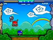 The main character's giant head bouncing a lit bomb towards an opposing stone castle in the online game Head Defense
