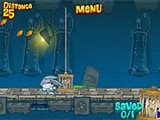 Screenshot of Rabbit Planet Escape! game showing the heroic rabbit character jumping over an obstacle on the planet's surface while avoiding evil minions. Play free online platformer game.