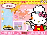 Hello Kitty Cut Fruit game screen, showing a sword slicing colorful fruits and vegetables in a kitchen setting, play free online