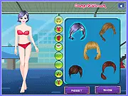 Free online dress-up game Charming Air Hostess showing a character in a stylish flight attendant uniform against an airplane background.