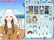 Eskimo Girl Make Up dress-up game screenshot, styling a girl in warm coats and a fabulous hat in an arctic setting, play free online