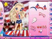 4th of July Dress Up game screenshot, girl in red white and blue outfit with stars and stripes, patriotic fashion online game