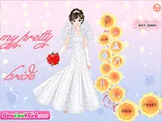 My Pretty Bride game screen showing a beautiful bride in a white wedding gown and veil, holding a bouquet, free online dress-up game.