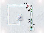Snow Virus TD gameplay screenshot showing various defensive turrets placed along a curved path attempting to shoot at small, colorful virus enemies marching toward a snow castle.