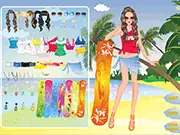 Surfer Girl Style game screen showing a character dressed in trendy beach clothes holding a surfboard, play free online dress-up game.