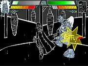 Screenshot of Clock Crew Fight Club game showing two cartoon clock-headed characters fighting with a super combo attack effect. Play free online fighting game.