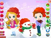Make A Snowman Together game screenshot showing a cute boy and girl in colorful winter clothes next to a partially built snowman, free online dress up game