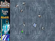 Gameplay screenshot of Eat'em Robots, showing a small character surrounded by hostile robots and moving to collect a green energy canister in the arcade game.