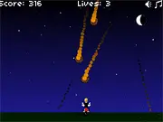 Meteor Bike online game screenshot - Biker riding at night while dodging orange and red falling meteors