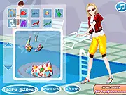 Swimming Teacher Dressup game screen showing the female instructor dressed in a new swimsuit and hat by a pool, free online fashion game.