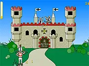 Pawel and the Teutonic Castle action game screenshot showing a knight fighting a medieval soldier in front of a castle, free online fantasy game.