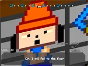 Parappa the Rapper game screenshot showing the dog character rapping and keyboard prompts (Q, W, E, A, S, D) moving across the screen. Play free online rhythm game.