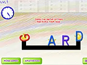 Gameplay screenshot of Alphabet Stacker game showing a tall, wobbly tower of alphabetical blocks being built, with scattered stars nearby. Play the free online puzzle game.