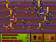 Ninja Turkey game screenshot: a red ninja turkey shooting a pistol at pixelated enemies on a grassy platform.