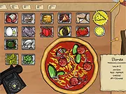 Gameplay screenshot of Pappas Pizza online cooking game, showing a pizza preparation counter with sauce, toppings, and customer orders on screen.