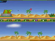 Huge Cannon 2 game screen showing a cannon firing a projectile across a split terrain to defend a base, free online artillery game