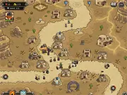 Gameplay screenshot of Kingdom Rush Frontiers showing defensive towers attacking a wave of desert enemies