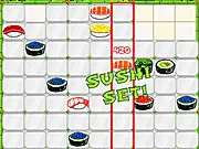 Gameplay screenshot of Sudoku Sushi showing a Sudoku grid with sushi pieces falling from the top in a puzzle-style challenge. Play the free online game.