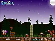 Gameplay screenshot of Bookem Up game showing a heroic librarian character navigating a path, surrounded by stacks of books that need to be quickly organized. Play the free online action game.