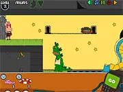 Gameplay screenshot of Belly Bag Bonanza, showing a character inside a colorful, cluttered environment filled with various floating items to collect.