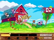 Super Beefjerks game screenshot: a retro 8-bit rocket flying through the air toward a herd of pixelated cows