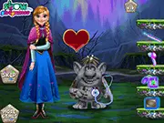Screenshot of Anna Doctor Trolls free online game showing Princess Anna and a troll receiving medical care for a skiing injury