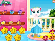 Screenshot of Angela Princess Cat Care free online game showing Angela the cat getting a stylish makeover and selecting a beautiful dress