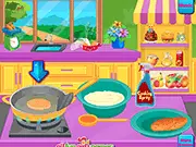 Gameplay screenshot of Fluffy Breakfast Pancakes, showing ingredients like flour and eggs being mixed in a bowl, with a finished stack of golden pancakes nearby.
