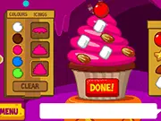Screenshot of Moshi Cupcakes free online game showing a spooky, brightly colored cupcake decorated with eccentric toppings like candy eyes and strange frosting