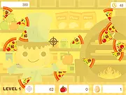 Screenshot of Shooting Pizza Madness online game showing the player aiming to shoot and destroy flying pizza slices