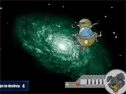 Screenshot of Attack of the Crackosaures space shooter game, Bitzo's ship fighting alien vessels