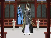 Korean Warrior dress-up game screen featuring a male character model with historical Korean drama costumes, armor, and accessories on the side for selection. Play free online game.