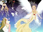 The Angel Dress Up free online fashion game featuring a beautiful model, flowing dress, and angelic wings