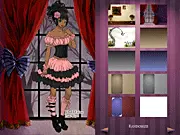 Screenshot of Gothic Lolita dress up game, showing a girl model in a detailed black and white Lolita outfit with accessories.
