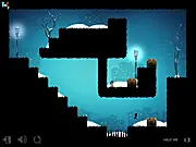 Gameplay screenshot of the free online puzzle platformer One and One, showing two pixelated characters separated by obstacles on a minimalist level.