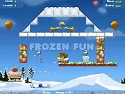 Gameplay screenshot of Frozen Fun, showing a character on an icy platform, moving to collect a bonus item while avoiding a floating skull object.