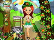 The free online dressup game Alice the Leprechaun Girl Dressup showing Alice styled in a green outfit with a top hat and a shamrock accessory