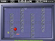 Loboloon game screenshot, balloon navigating around spinning blades and pipes on the side of a building, free online skill game