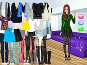 Styling a model with bold, patterned funky tights and a high-fashion dress in the free online game