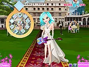 A cool female character holding an electric guitar and wearing a partially customized wedding dress, ready for her rock-themed wedding in the game Bride Guitarist